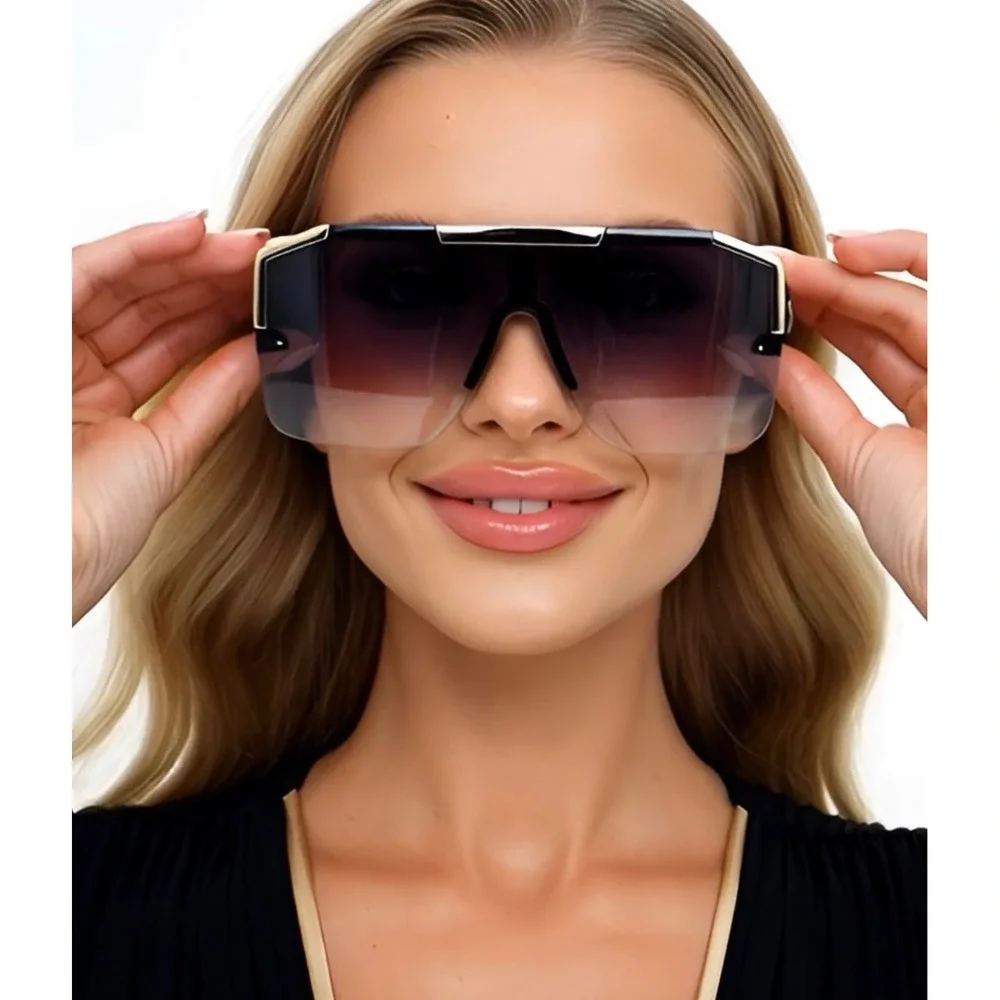 Black Gold Oversized Square Flat Top Shield Women Sunglasses Gradient Smoke Lens